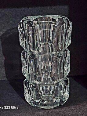 Vintage MCM ELEMENTS Clear Heavy Crystal Vase Cubist Geometric cut glass 7" tall